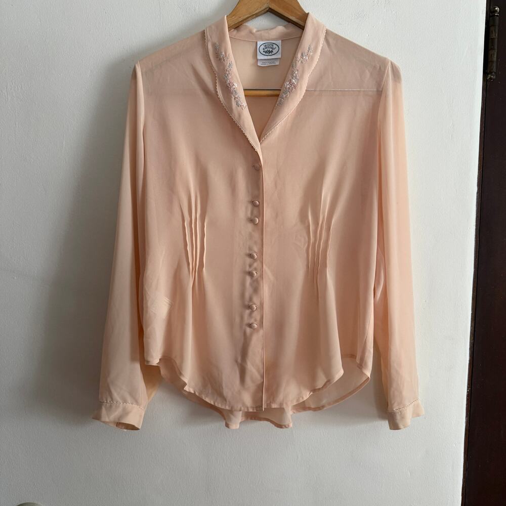 1980s Vintage Laura Ashley | Semi Sheer Pink Embroidered Darted Blouse | Size 8